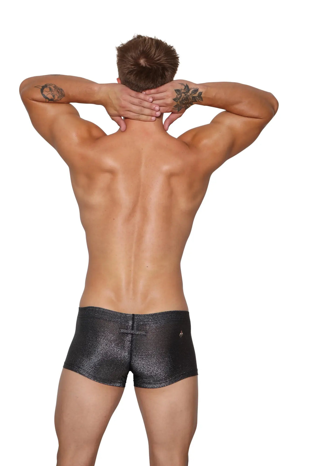 Black shimmering metallic Marcuse Glisten boxer underwear with subtle texture and small logo on lower right side