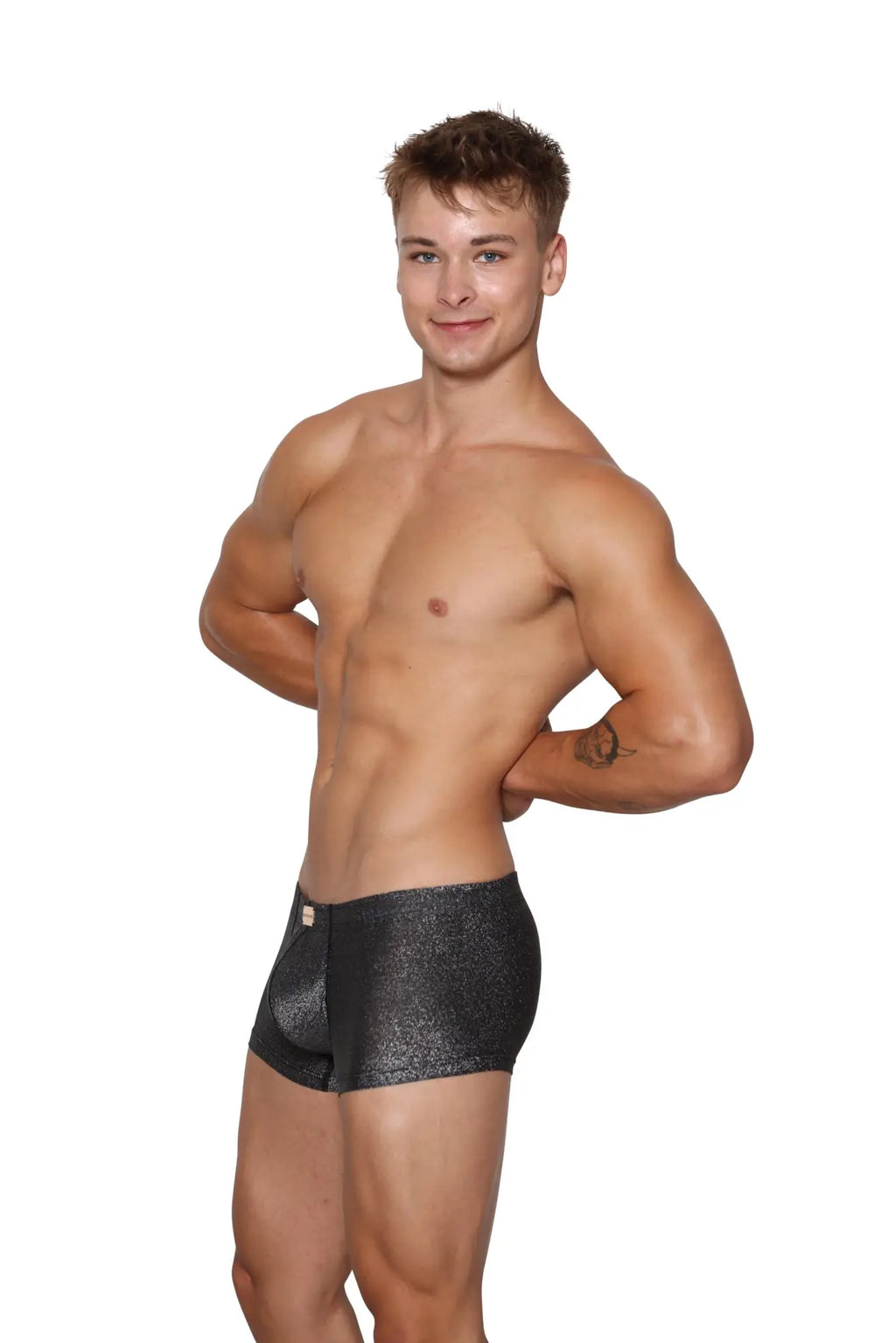 Black sparkly textured marcuse glisten boxer briefs with small gold logo on the waistband