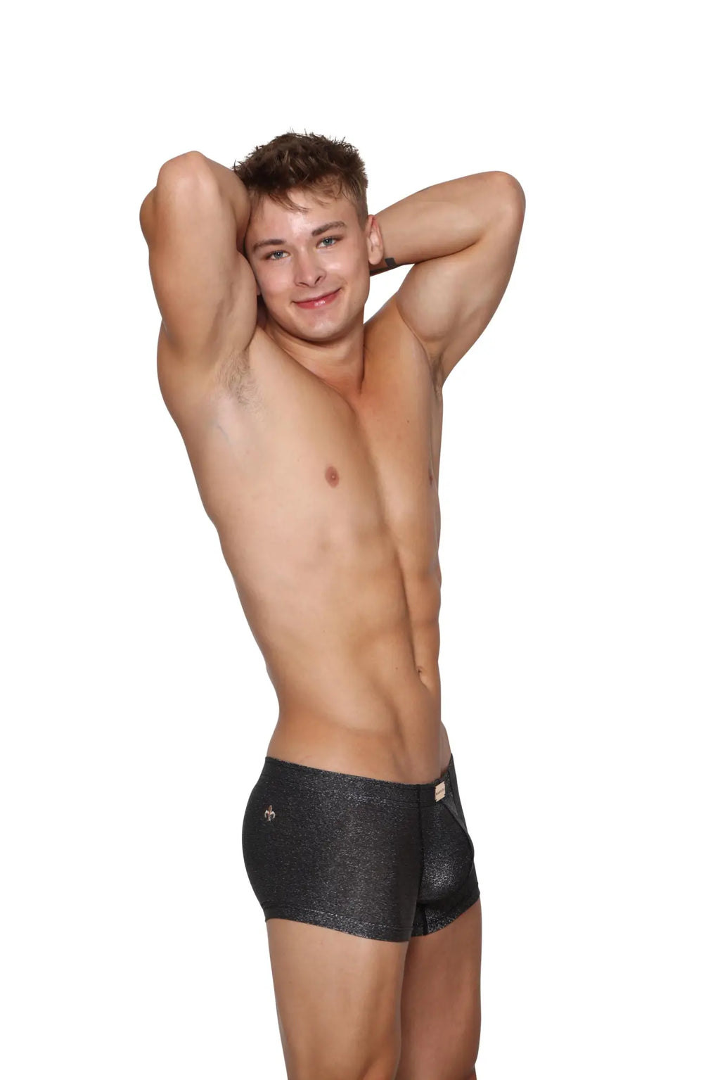 Black Marcuse Glisten boxer briefs with subtle shimmer texture and small logo on the left hip