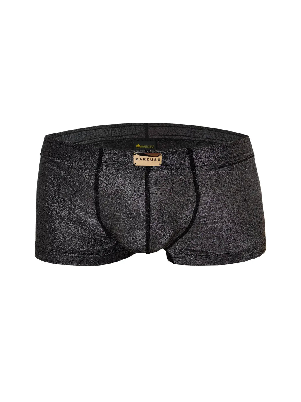 Black marcuse glisten boxer underwear with textured shimmer fabric and black stitching along the seams