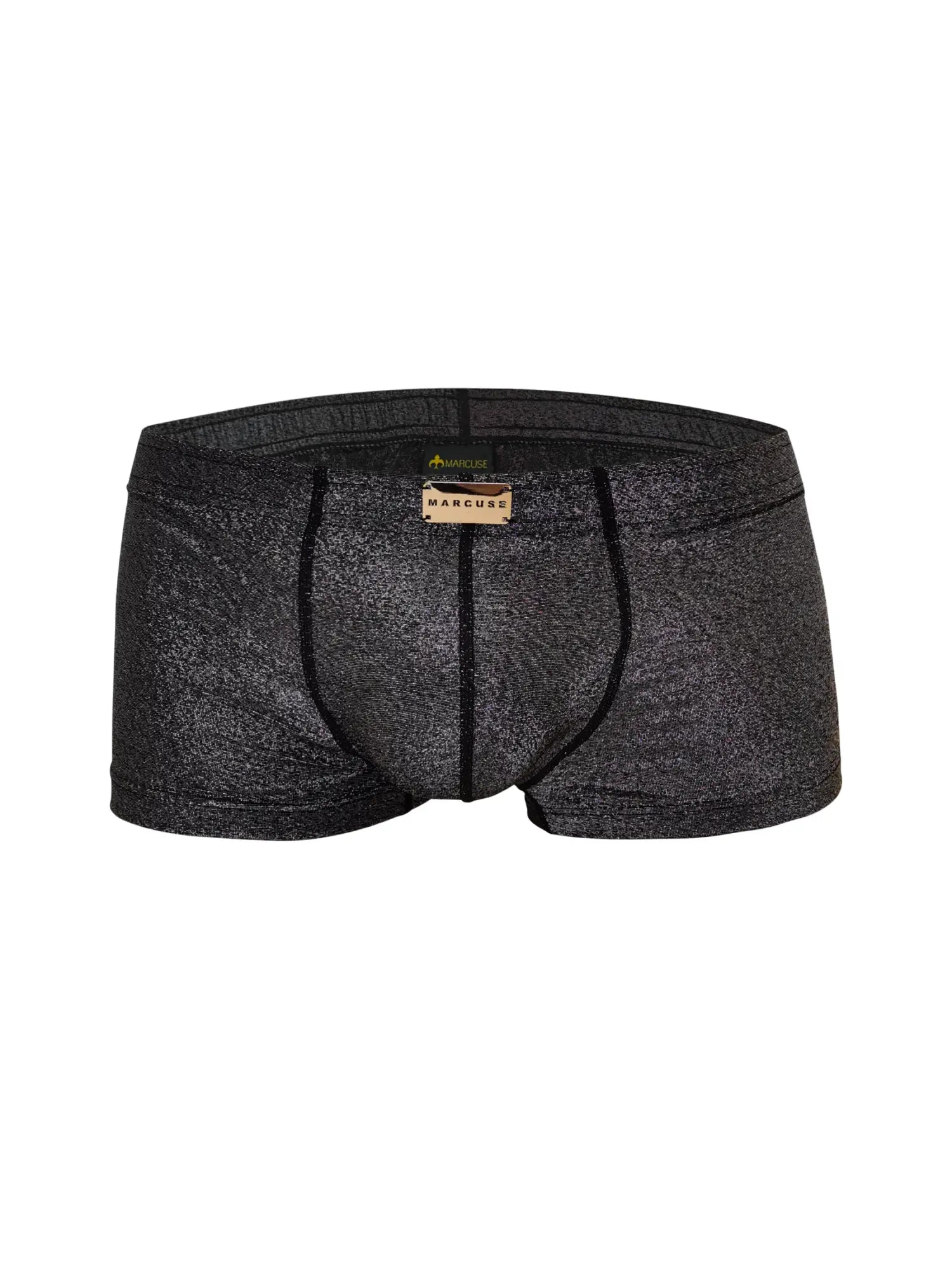 Black marcuse glisten boxer underwear with textured shimmer fabric and black stitching along the seams