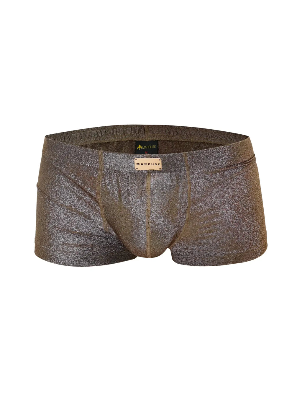 Marcuse glisten boxer underwear in metallic bronze textured fabric with subtle shimmer and branded label at the front
