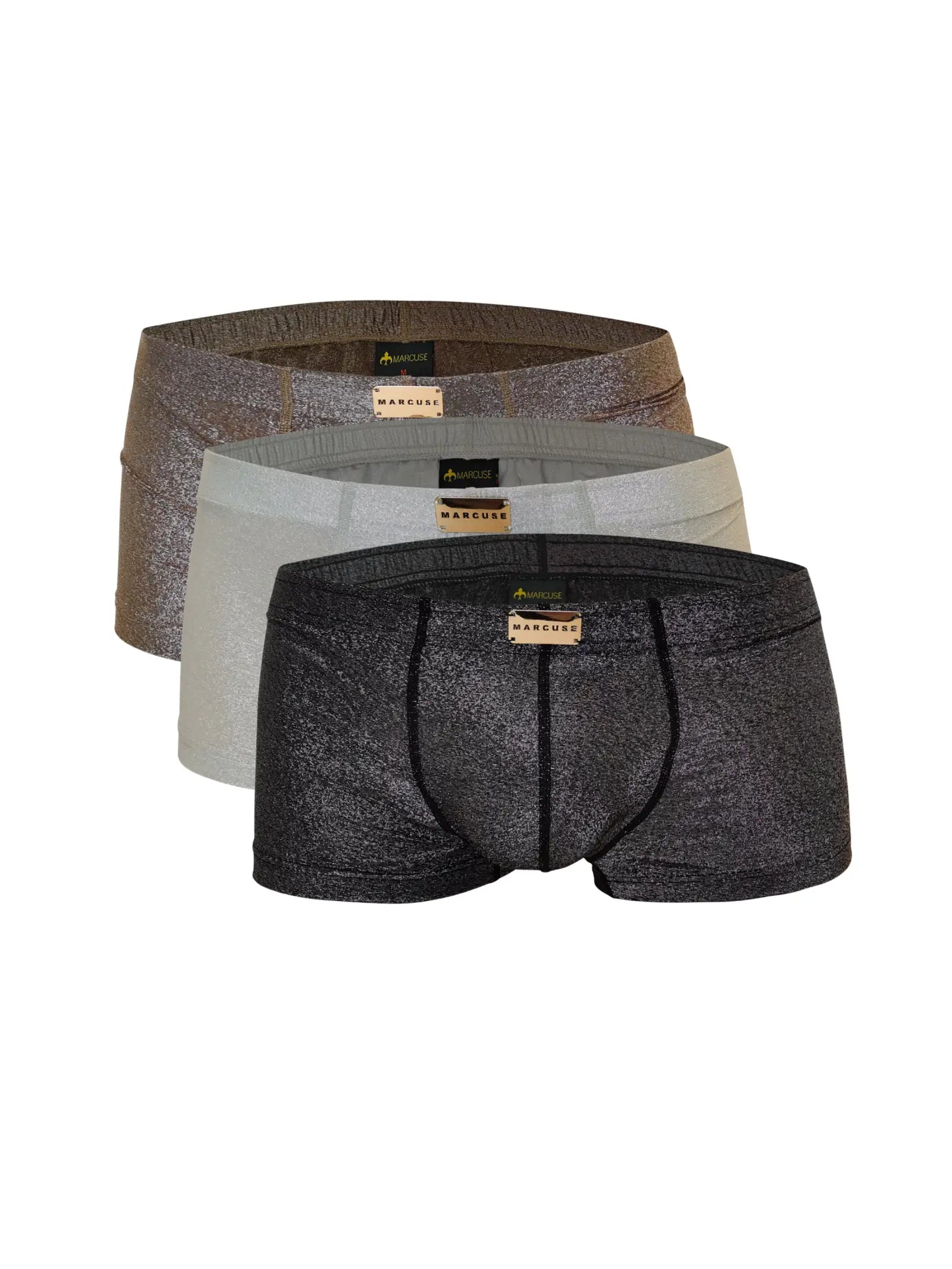 Set of three marcuse glisten boxer underwear briefs in metallic gray silver and black with subtle glittery texture