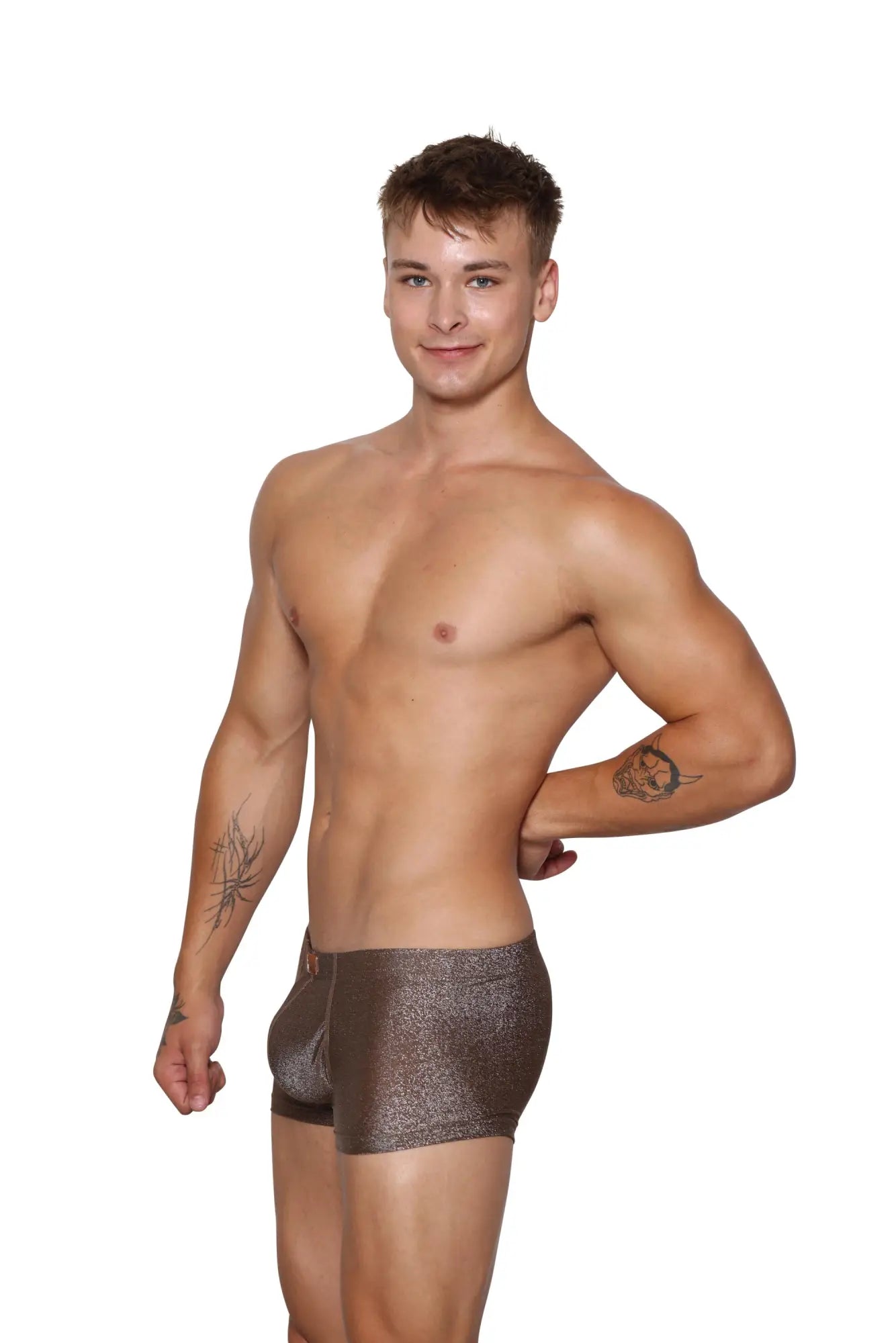Marcuse Glisten boxer underwear shiny metallic brown briefs with subtle textured pattern front view