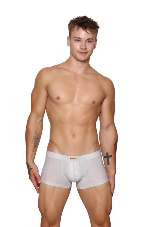 Marcuse glisten boxer underwear in white mesh with subtle texture and gold brand tag at the waistband