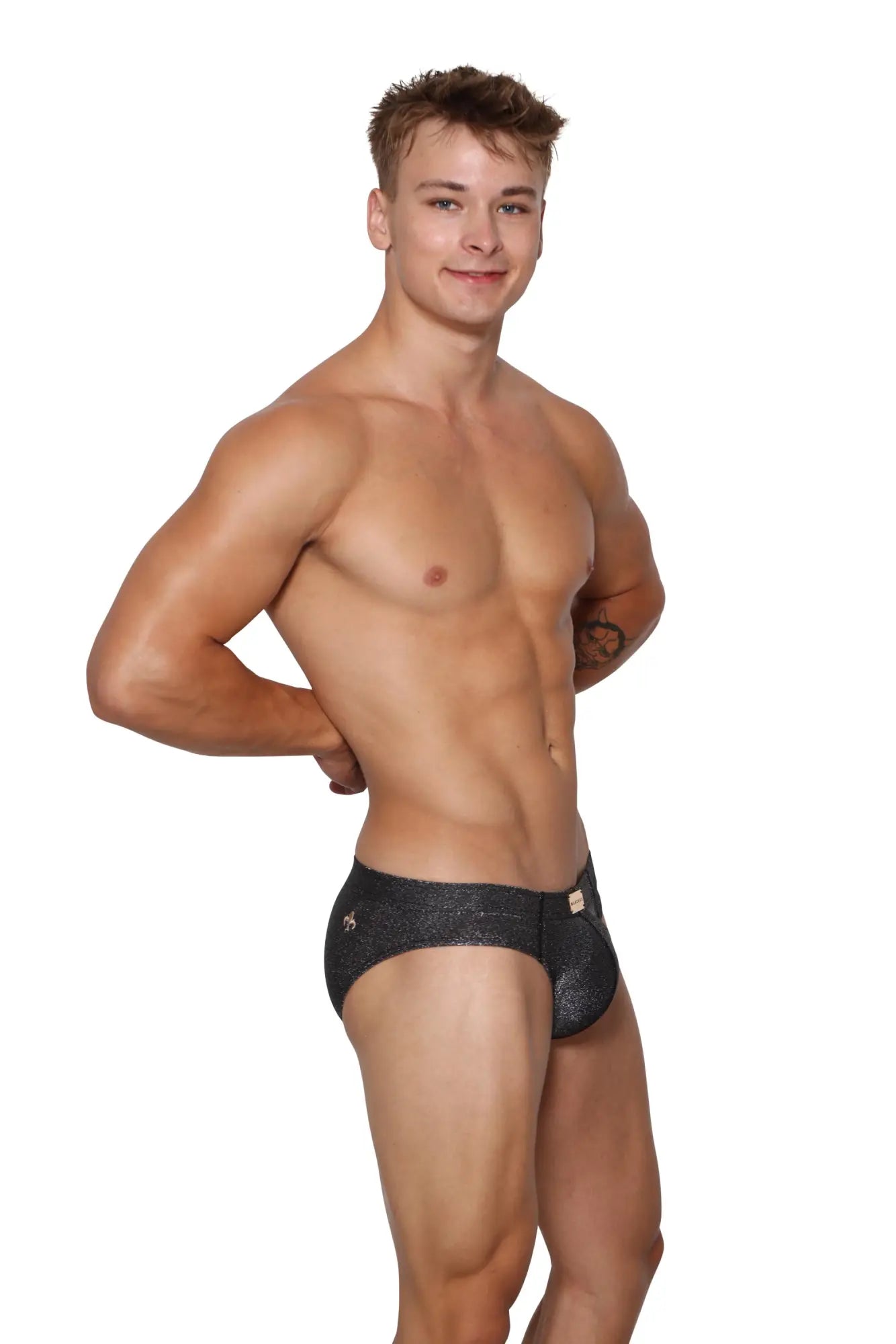 Marcuse glisten brief underwear black glitter briefs with subtle shimmer and small gold logo on the side