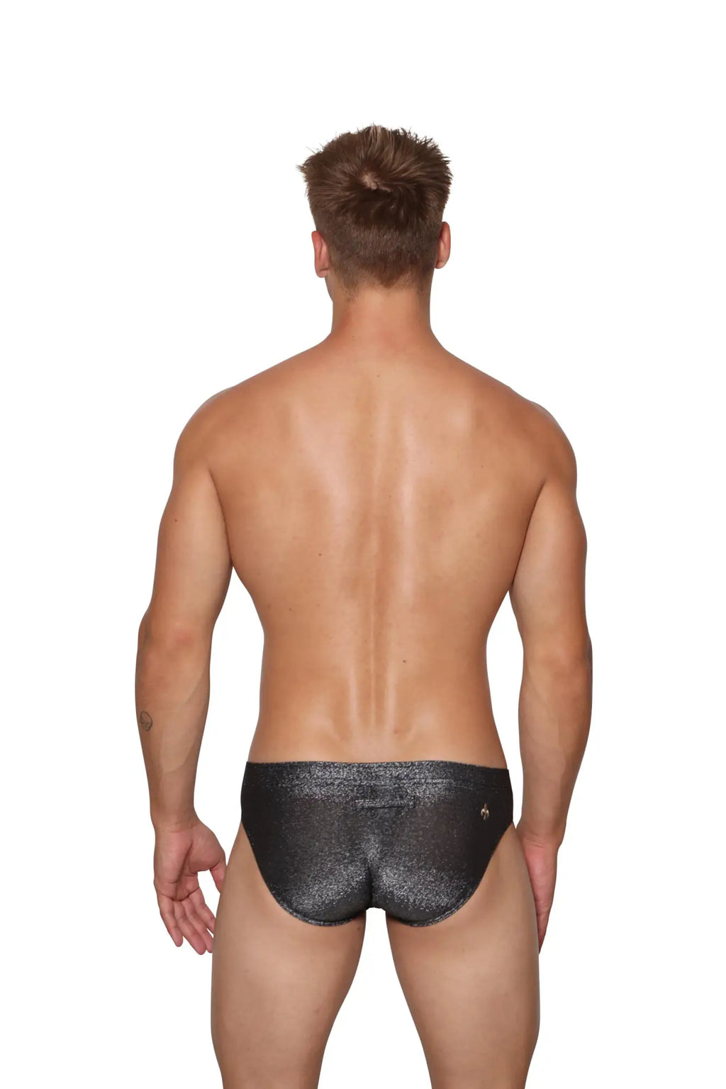 Marcuse glisten brief underwear in black shimmering swim trunks with a subtle metallic sheen and sleek material