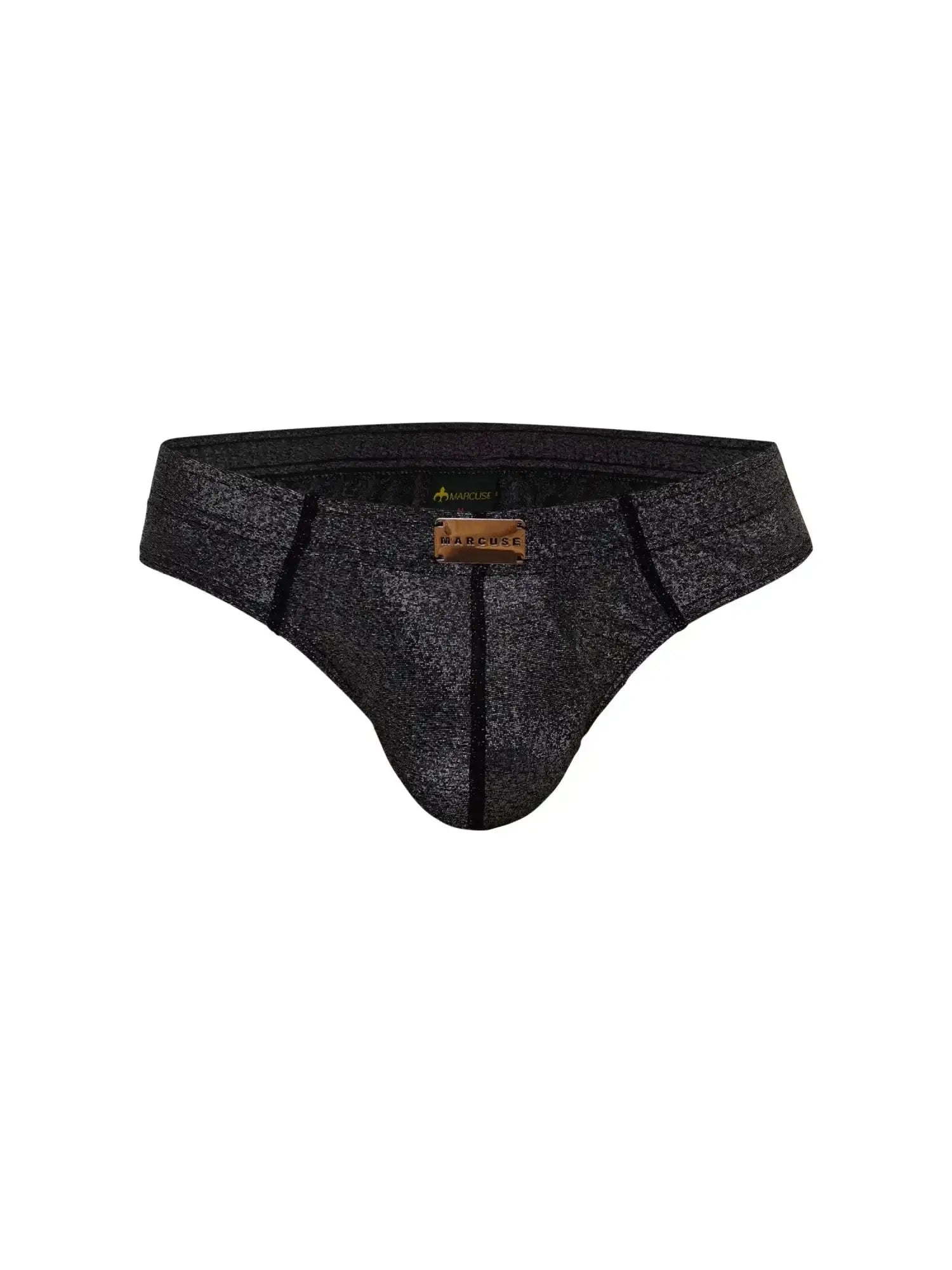 Marcuse glisten brief underwear black textured briefs with subtle shimmer and black trim front view