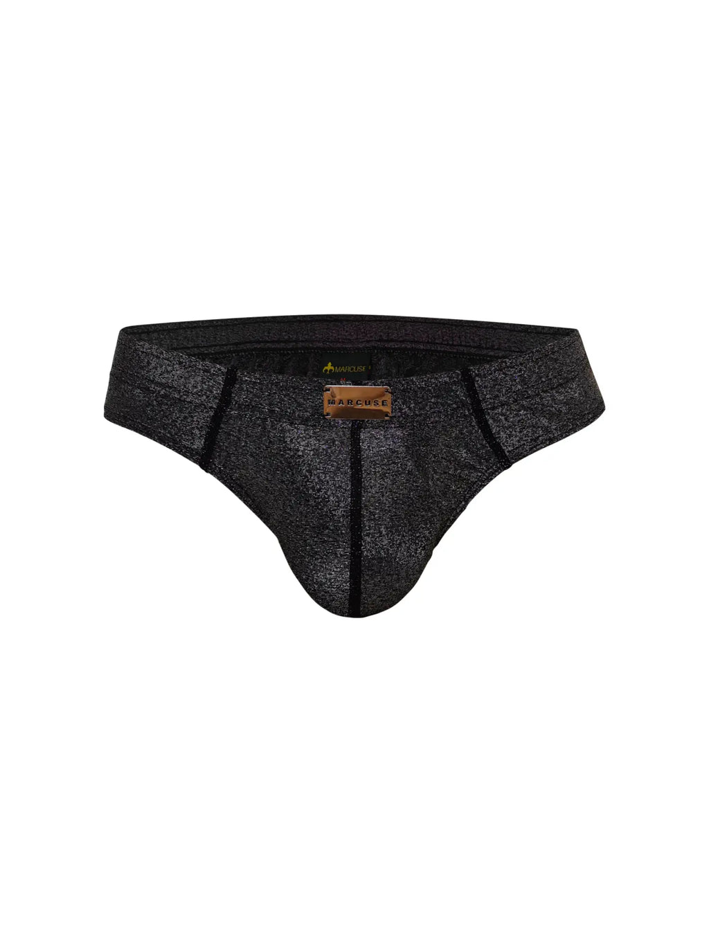 Marcuse glisten brief underwear black textured briefs with subtle shimmer and black trim front view
