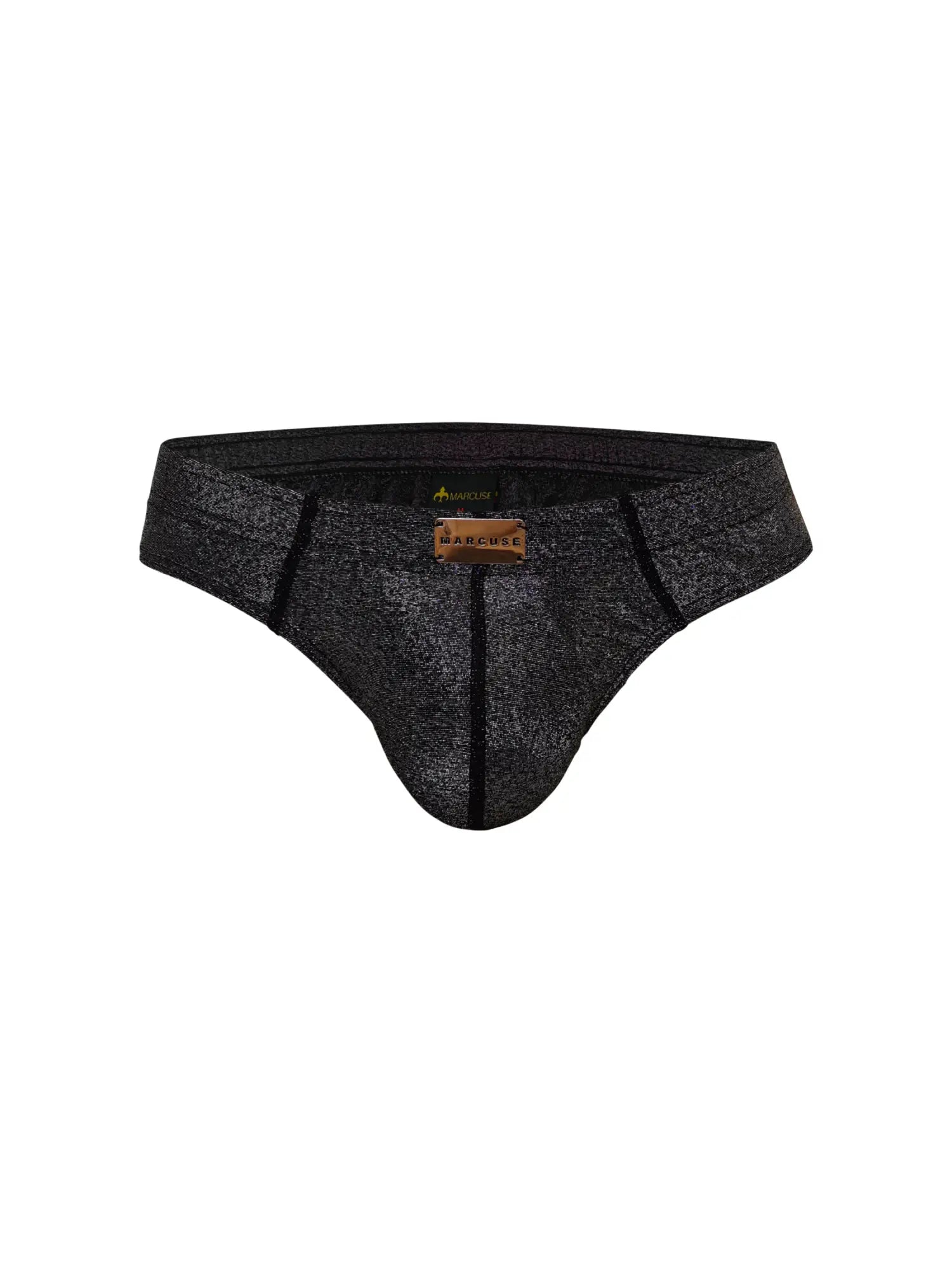 Marcuse glisten brief underwear black textured briefs with subtle shimmer and black trim front view