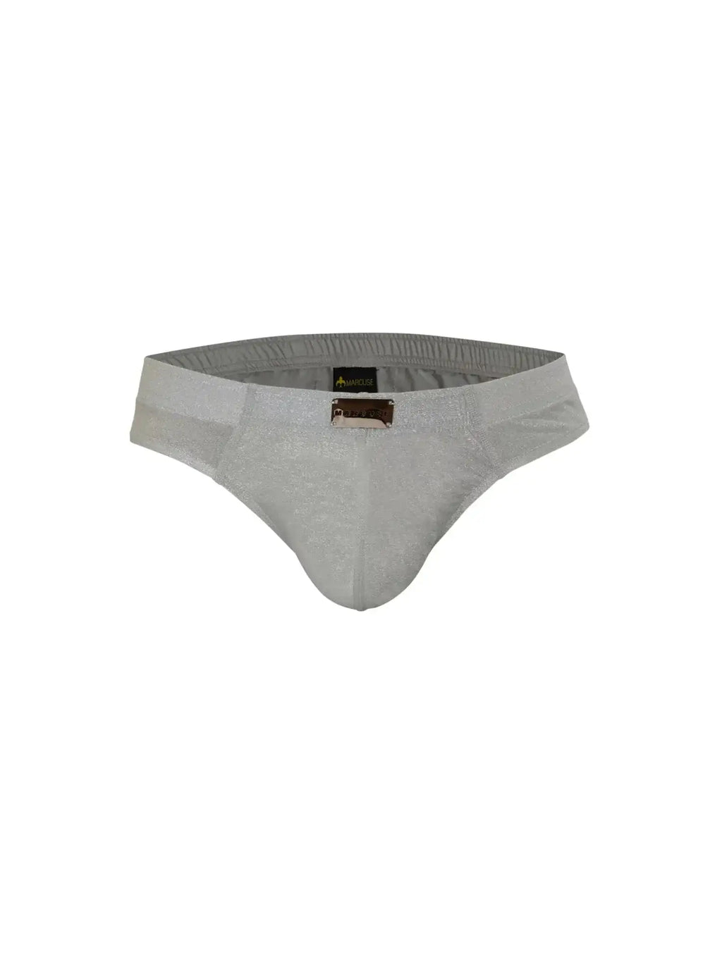 Marcuse glisten brief underwear in light gray textured fabric with subtle pattern and brown metallic logo plaque at front