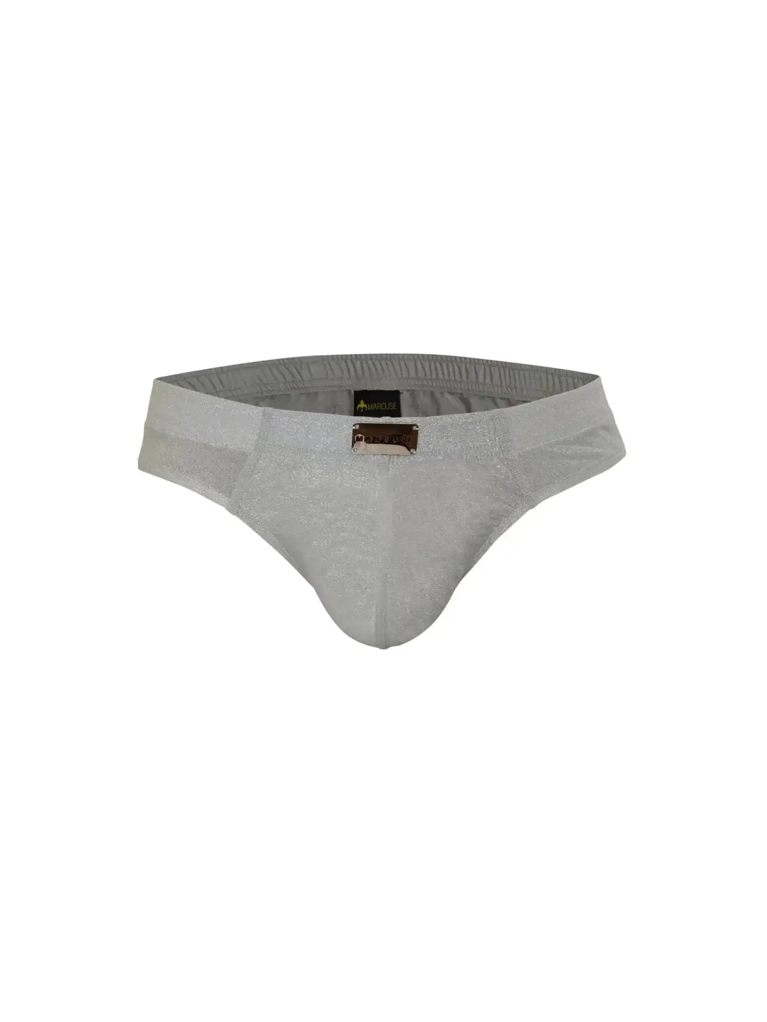 Marcuse glisten brief underwear in light gray textured fabric with subtle pattern and brown metallic logo plaque at front