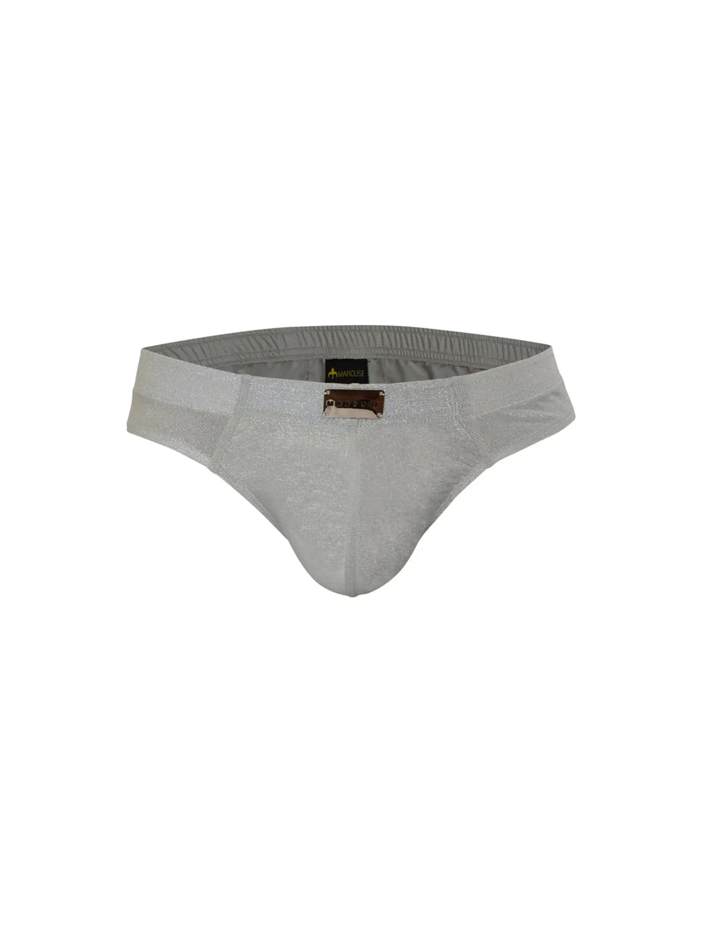Marcuse glisten brief underwear in light gray textured fabric with subtle pattern and brown metallic logo plaque at front