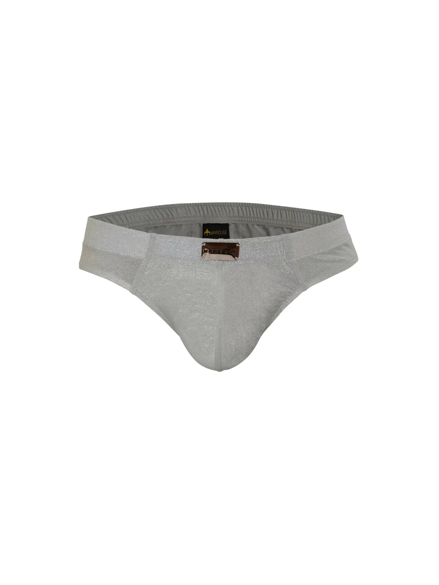 Marcuse glisten brief underwear in light gray textured fabric with subtle pattern and brown metallic logo plaque at front