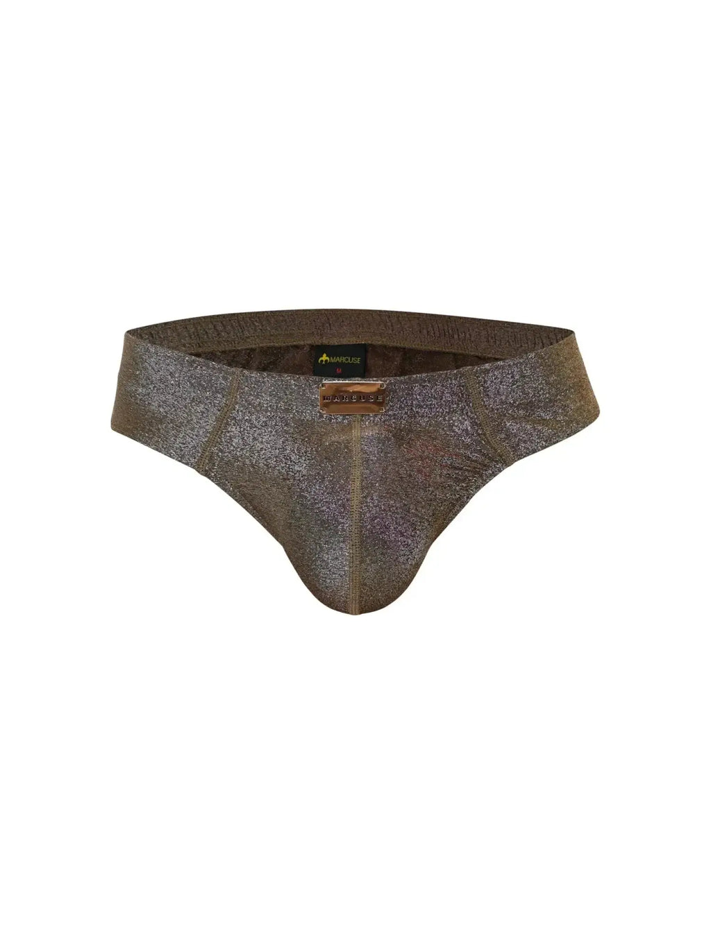Marcuse glisten brief underwear in shimmering metallic bronze with a subtle textured pattern and brown leather label