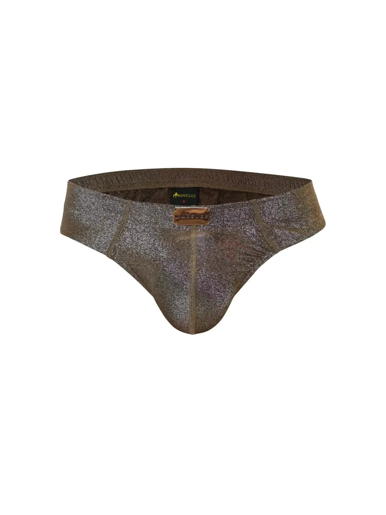Marcuse glisten brief underwear in shimmering metallic bronze with a subtle textured pattern and brown leather label