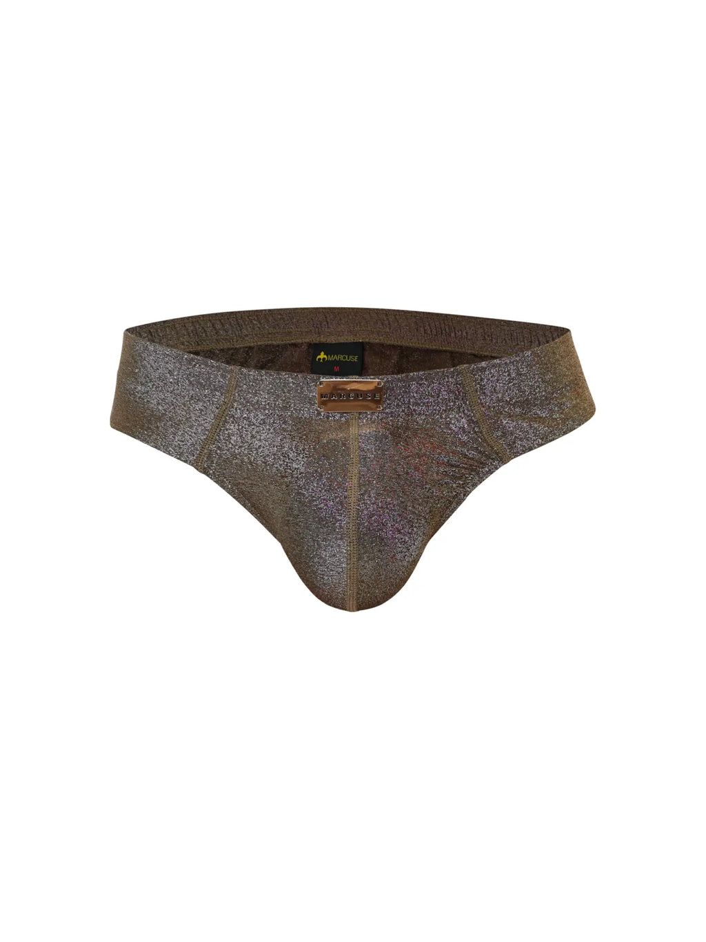 Marcuse glisten brief underwear in shimmering metallic bronze with a subtle textured pattern and brown leather label