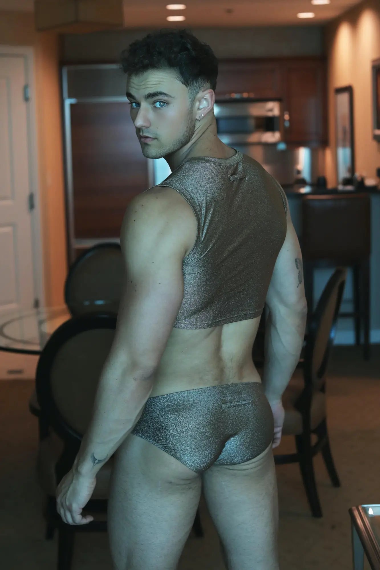 Marcuse glisten brief underwear featuring a shimmering metallic silver crop top and matching briefs set