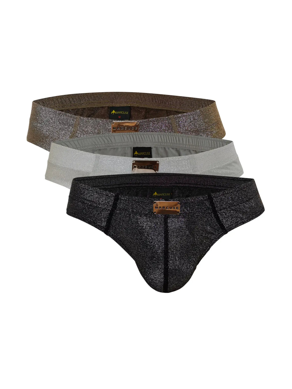 Set of three marcuse glisten brief underwear in metallic gold silver and black with glittery textured fabric finish