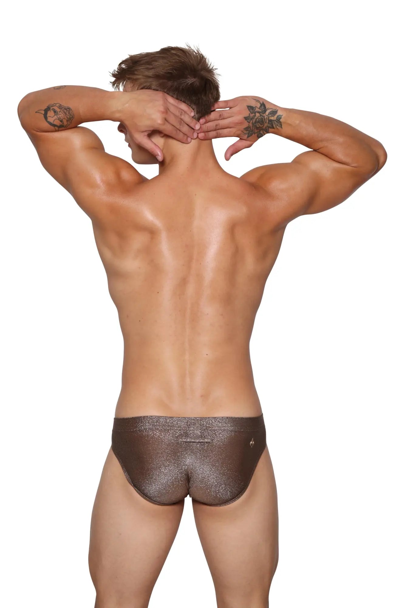 Marcuse glisten brief underwear shiny metallic bronze swim trunks with subtle textured finish for swimming