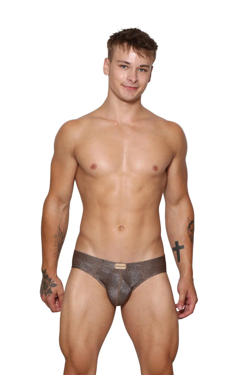 Marcuse Glisten brief underwear in sleek metallic gray with a subtle shimmer and a small gold logo on the front