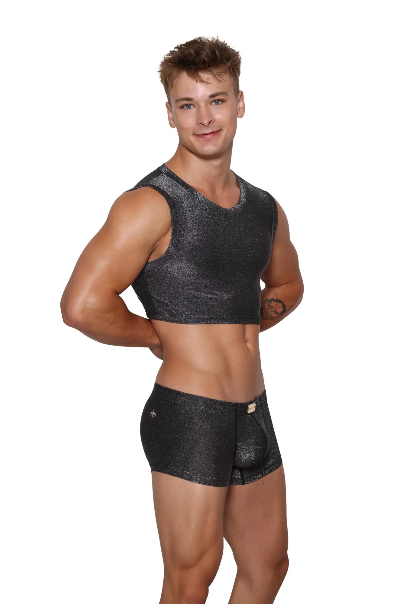Black textured sleeveless crop top with subtle shimmer finish marcuse glisten top crop tank front view