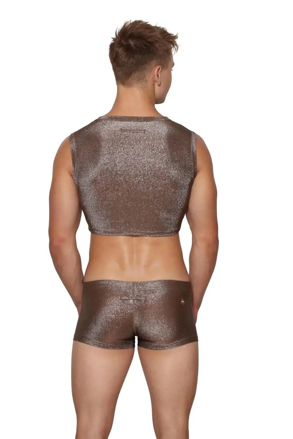 Marcuse glisten sleeveless crop tank and matching shorts set in shimmering metallic bronze fabric perfect for stylish wear