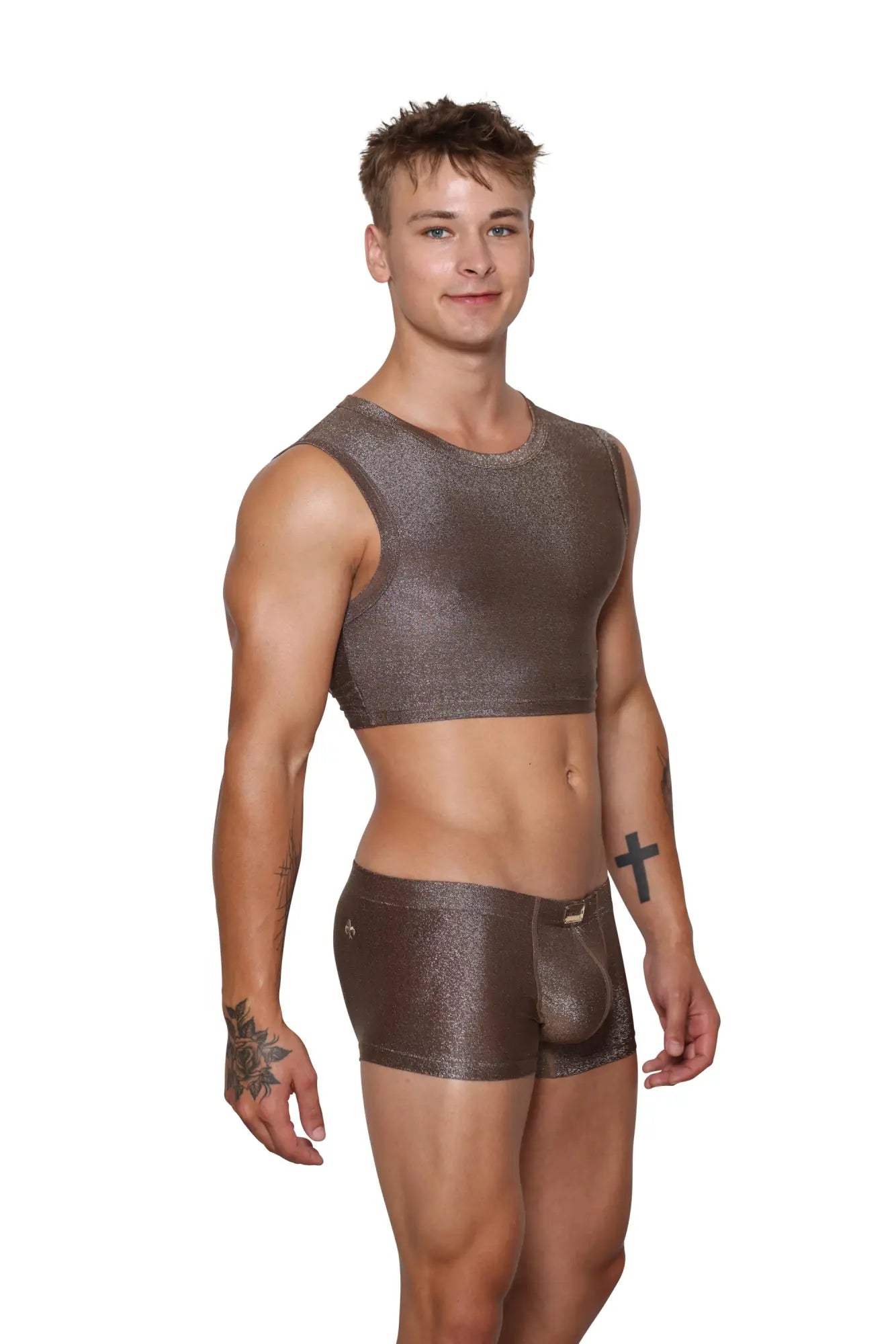 Bronze metallic textured sleeveless crop top with matching briefs marcuse glisten top crop tank set