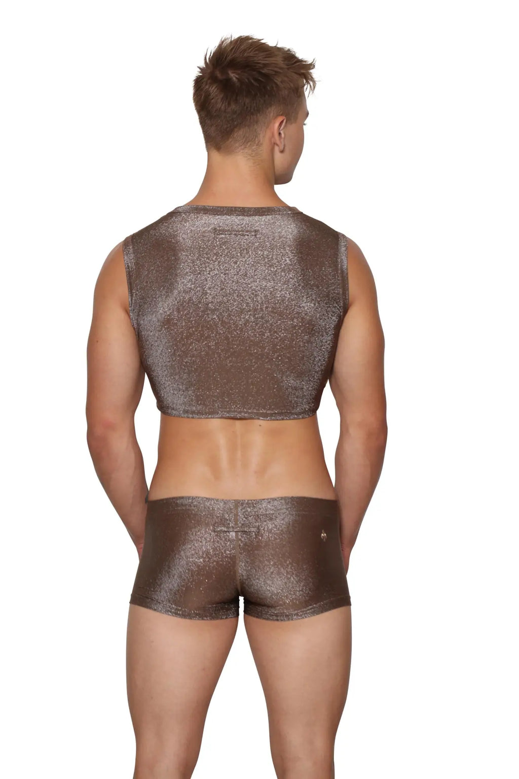 Marcuse glisten sleeveless crop tank and matching shorts set in shimmering metallic bronze fabric perfect for stylish wear