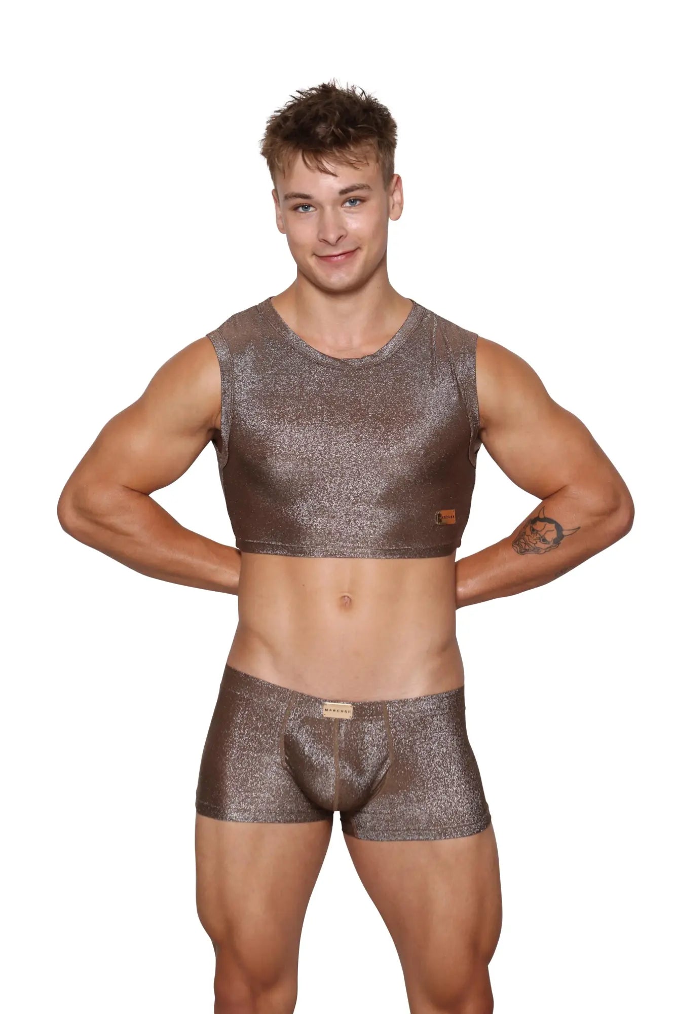 Marcuse glisten top crop tank shimmering metallic bronze sleeveless crop top with subtle textured finish