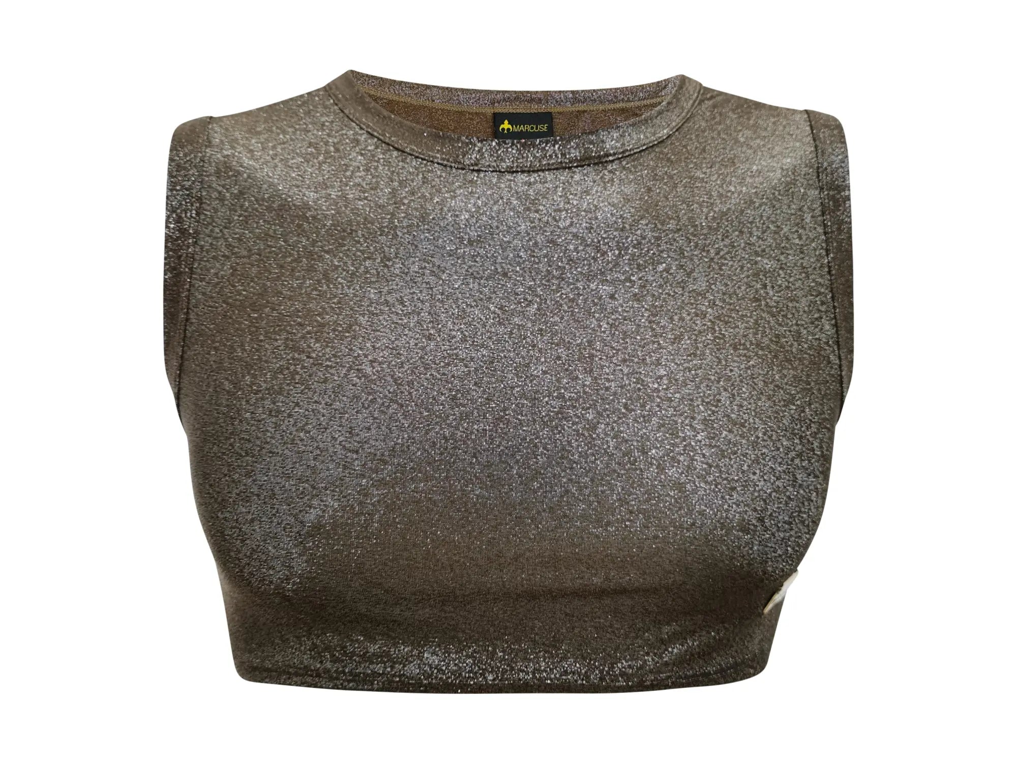 Marcuse glisten sleeveless crop top in metallic gray with subtle texture and round neckline for stylish wear