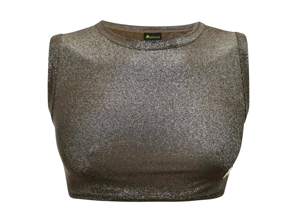 Marcuse glisten sleeveless crop top in metallic gray with subtle texture and round neckline for stylish wear