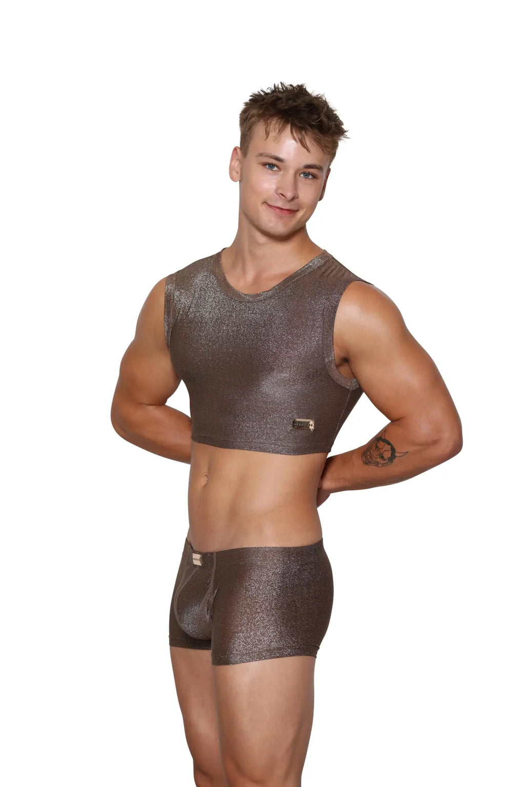 Marcuse glisten top crop tank shimmering metallic gray sleeveless crop top with subtle textured finish