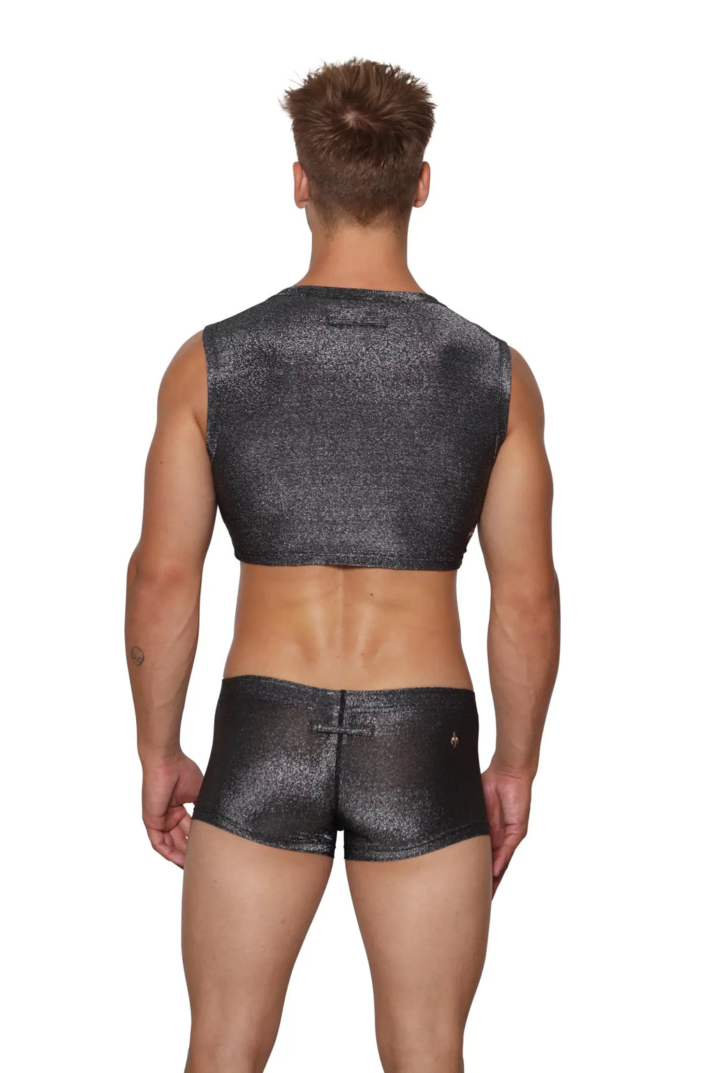 Marcuse glisten top crop tank is a shiny black metallic sleeveless crop top with a subtle textured pattern