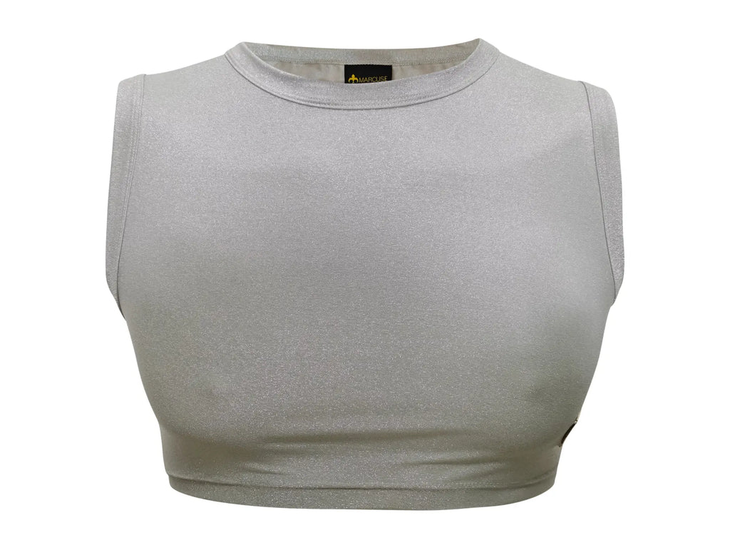 Marcuse glisten crop tank top in sleek silver metallic fabric with sleeveless design round neckline and ribbed hem