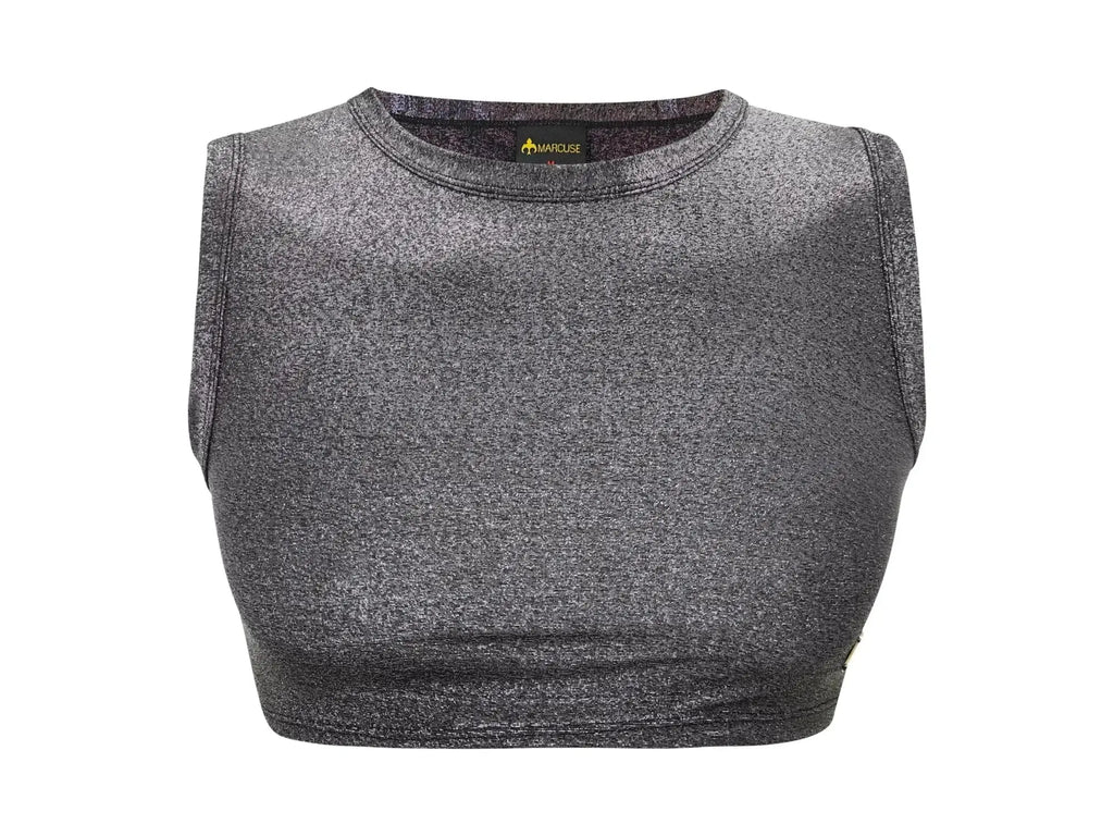 Marcuse glisten top crop tank a sleeveless cropped top in textured charcoal gray fabric with subtle shimmering flecks