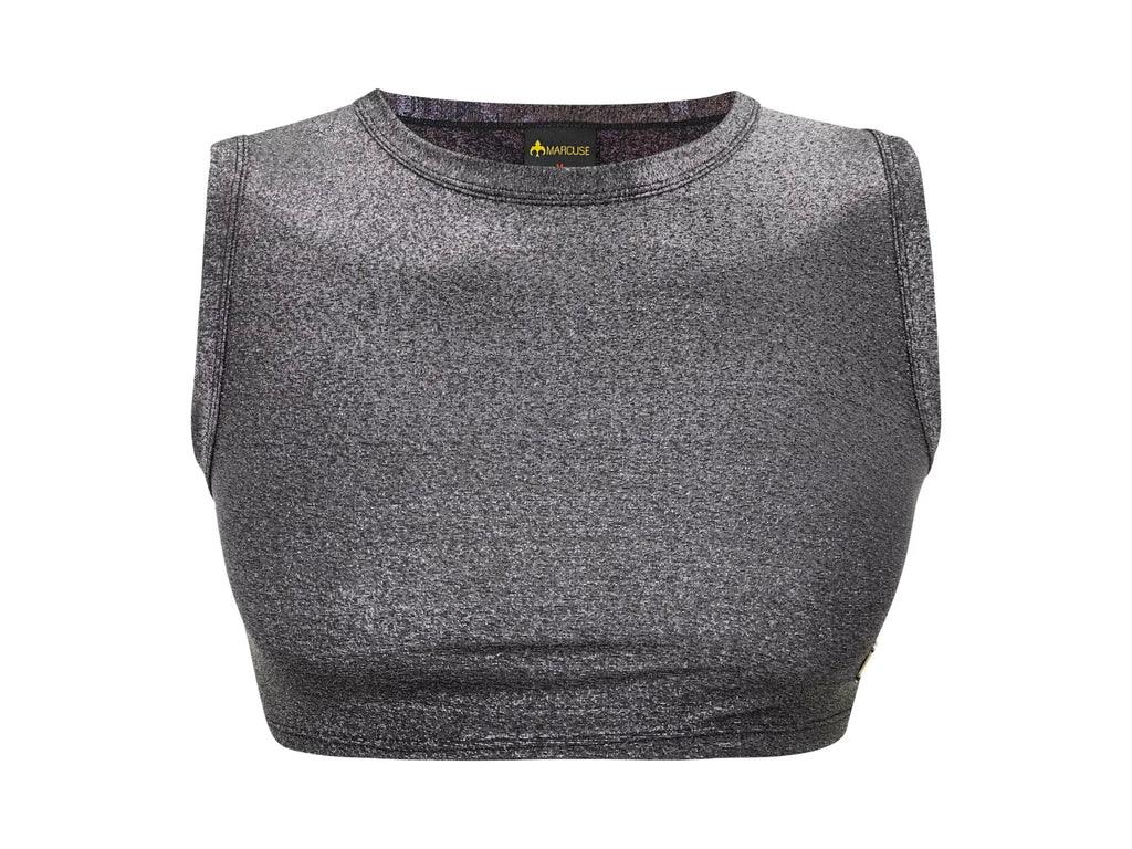 Marcuse glisten top crop tank a sleeveless cropped top in textured charcoal gray fabric with subtle shimmering flecks