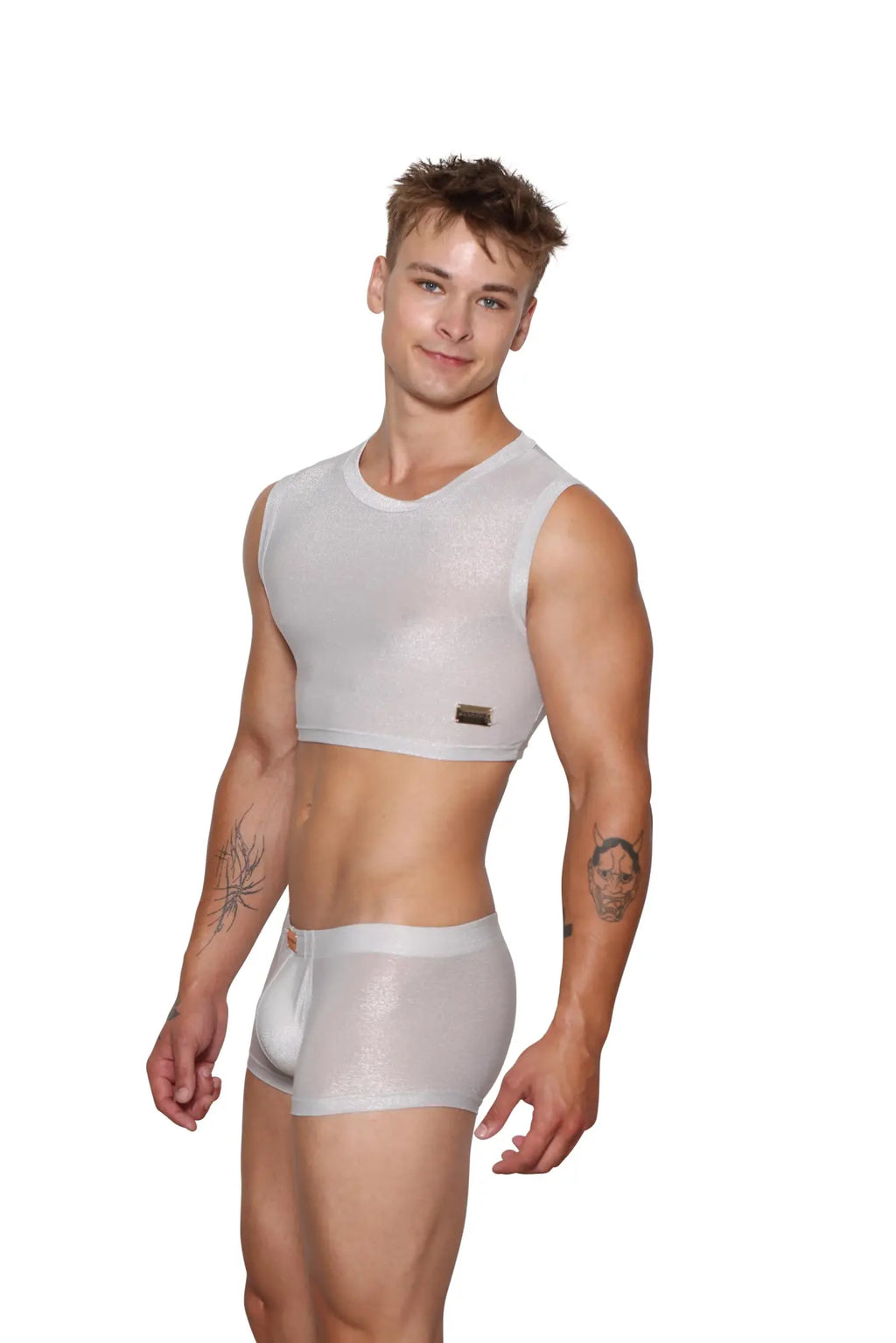 Marcuse glisten top crop tank translucent white mesh crop top with round neckline and black brand tag lower left side