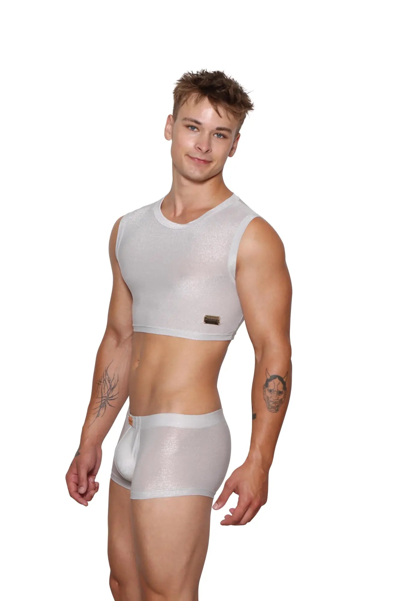 Marcuse glisten top crop tank translucent white mesh crop top with round neckline and black brand tag lower left side