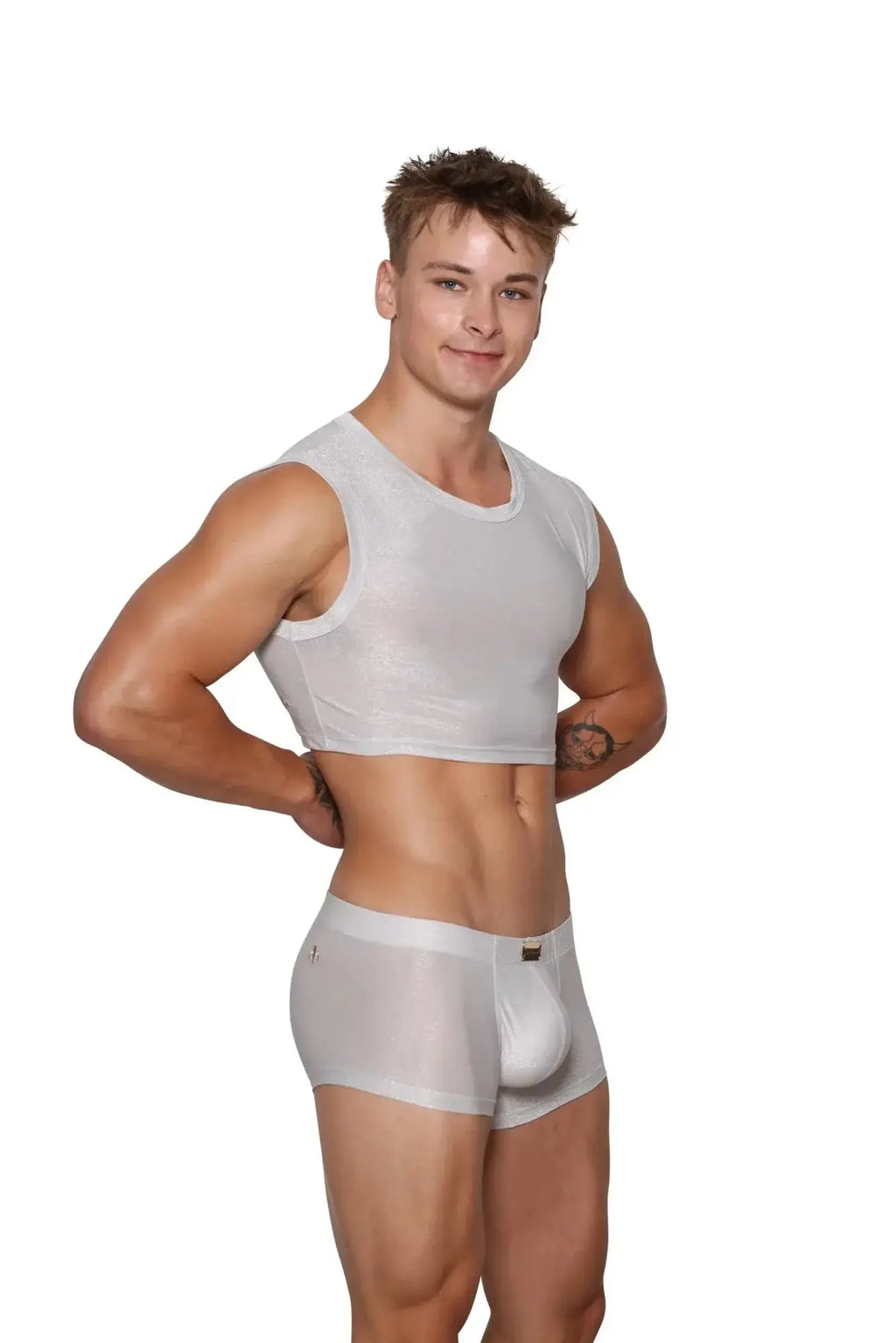 White sheer mesh crop top with round neckline and short sleeves from Marcuse Glisten Top Crop Tank collection