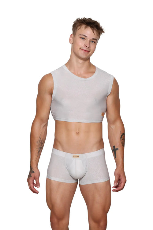 Marcuse Glisten crop tank sleeveless white top with round neckline and subtle ribbed texture