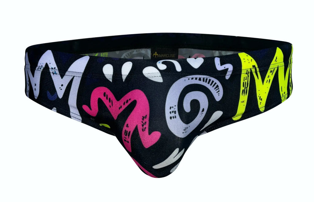 Black Marcuse Haider bikini swimwear swim trunks with vibrant neon yellow pink and white graffiti style mom design