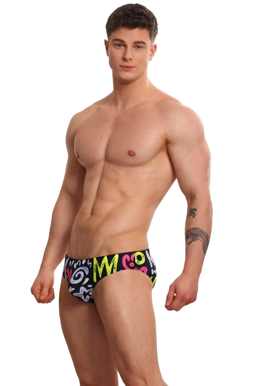 Black Marcuse Haider bikini swimwear trunks with vibrant neon pink and lime green graffiti style graphic design