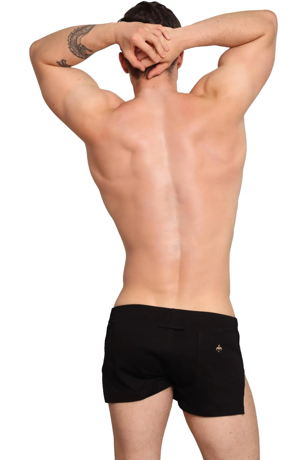 Black marcuse hansar athletic shorts with small gold logo on lower right side for sports and training