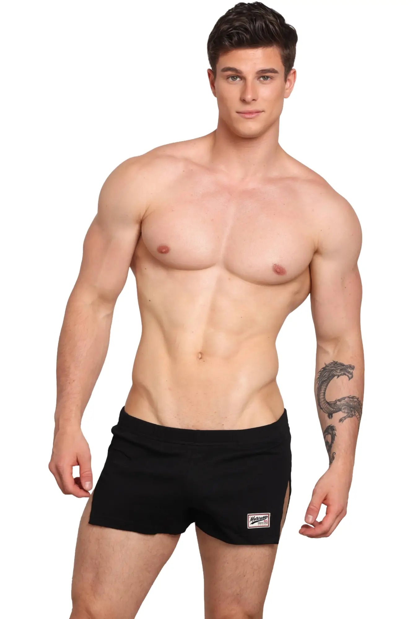 Black marcuse hansar athletic shorts with a small white logo patch on the lower left leg for training and workouts