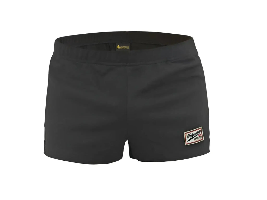 Black women’s marcuse hansar shorts with elastic waistband and rectangular morrison patch on lower right leg