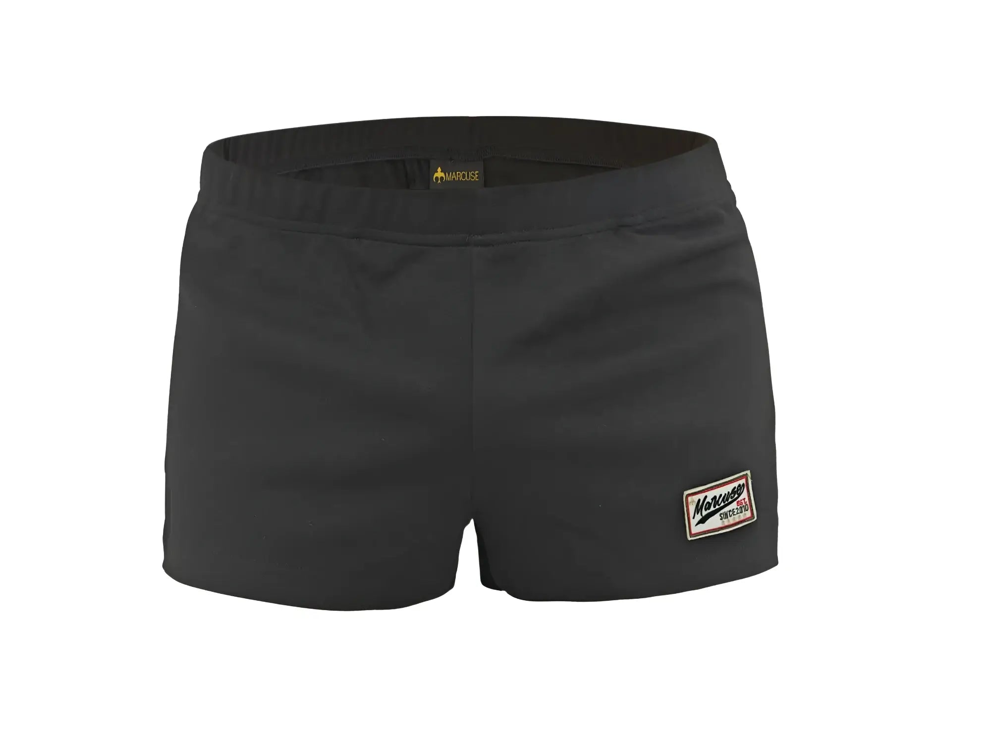 Black women’s marcuse hansar shorts with elastic waistband and rectangular morrison patch on lower right leg