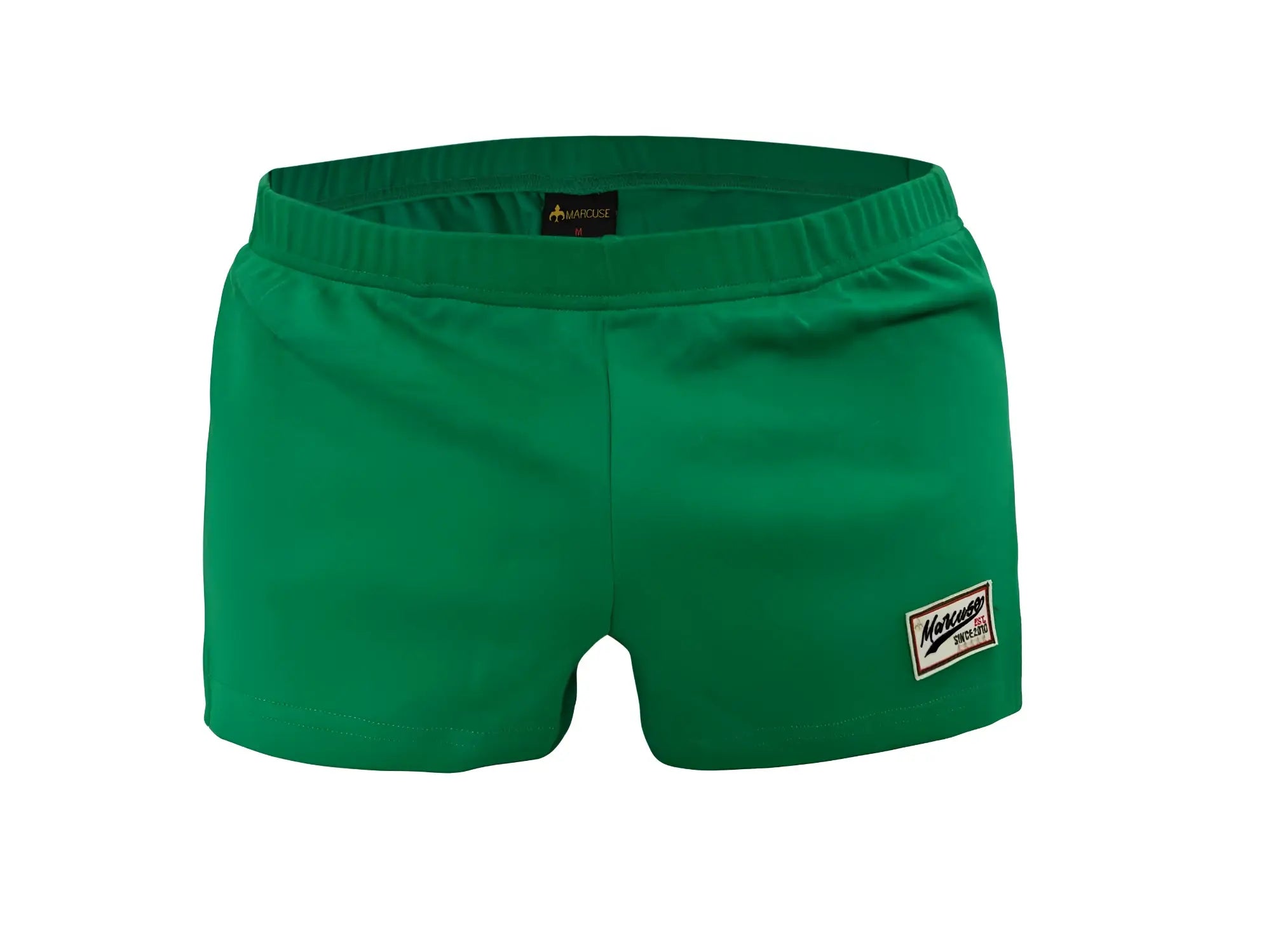 Marcuse Hansar shorts in bright green with elastic waist and small rectangular patch on the lower right leg