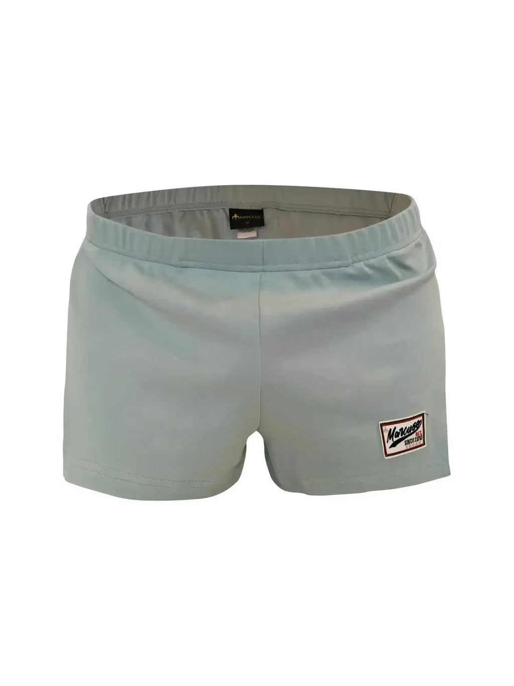 Marcuse Hansar light gray elastic waist shorts with a small makower patch on the lower right leg
