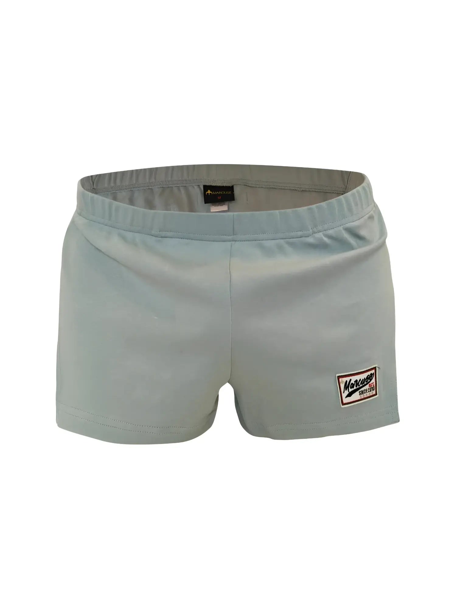 Marcuse Hansar light gray elastic waist shorts with a small makower patch on the lower right leg